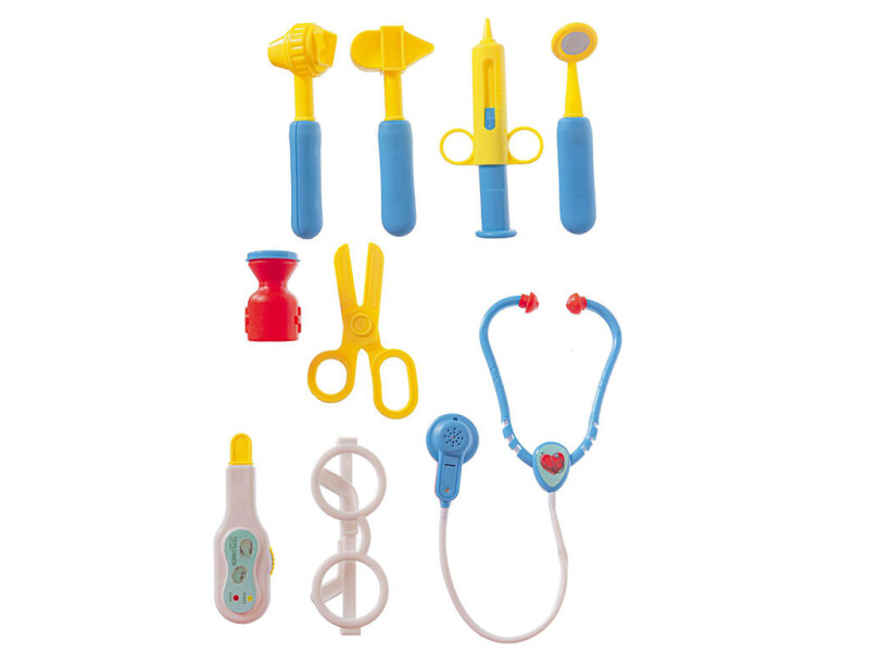 Sada doktor se stetoskopem v kufříku na kolečkách 